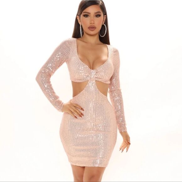 BEAR DANCE Rose Gold/ peach sequin cut out mini dress size small - Picture 1 of 11
